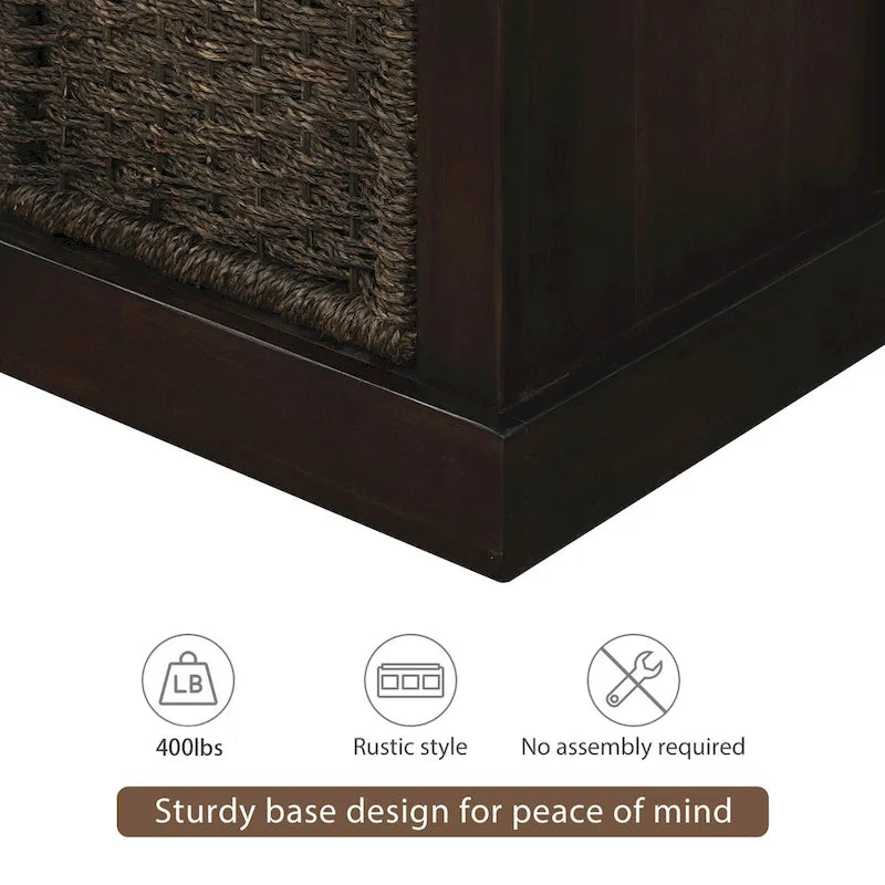 Banc de rangement rustique avec 3 paniers classiques en rotin amovibles, banc d'entrée avec coussin amovible