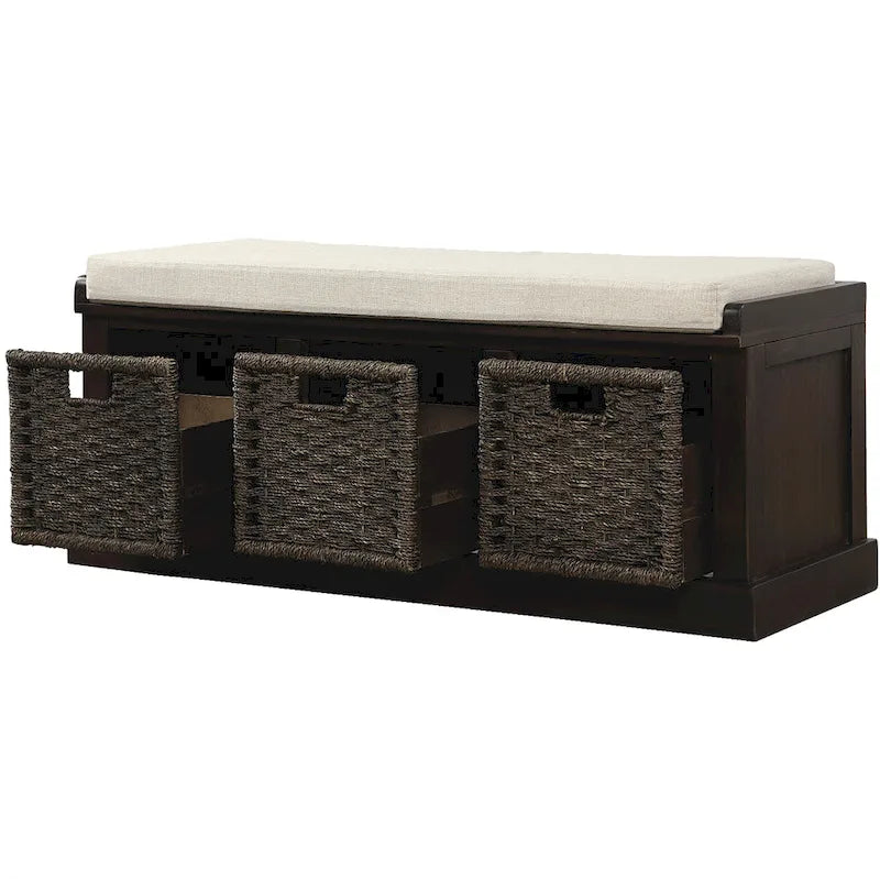 Banc de rangement rustique avec 3 paniers classiques en rotin amovibles, banc d'entrée avec coussin amovible