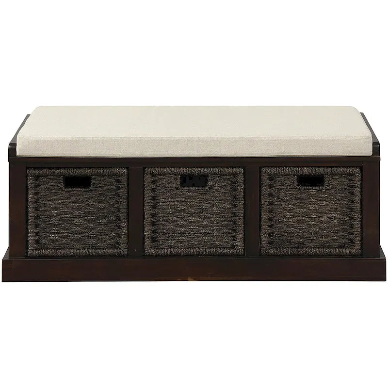 Banc de rangement rustique avec 3 paniers classiques en rotin amovibles, banc d'entrée avec coussin amovible