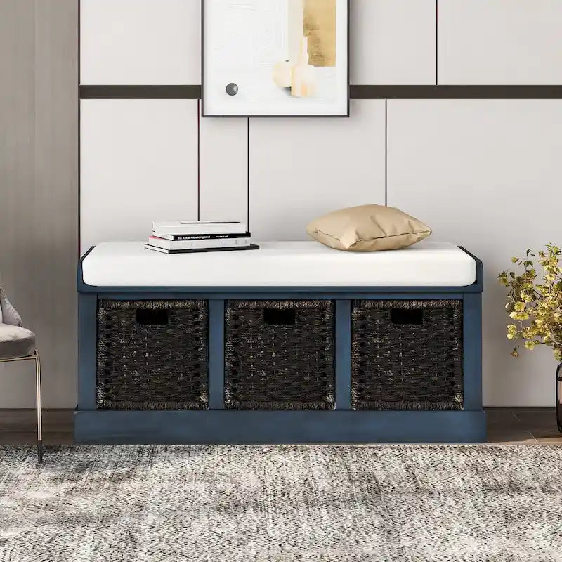Banc de rangement rustique avec 3 paniers classiques en rotin amovibles, banc d'entrée avec coussin amovible
