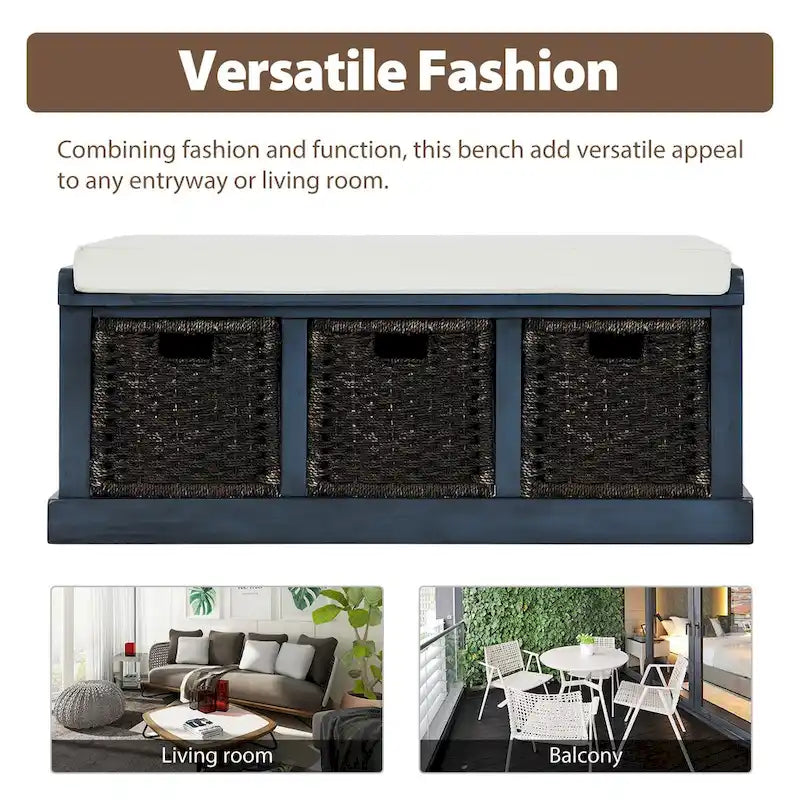 Banc de rangement rustique avec 3 paniers classiques en rotin amovibles, banc d'entrée avec coussin amovible