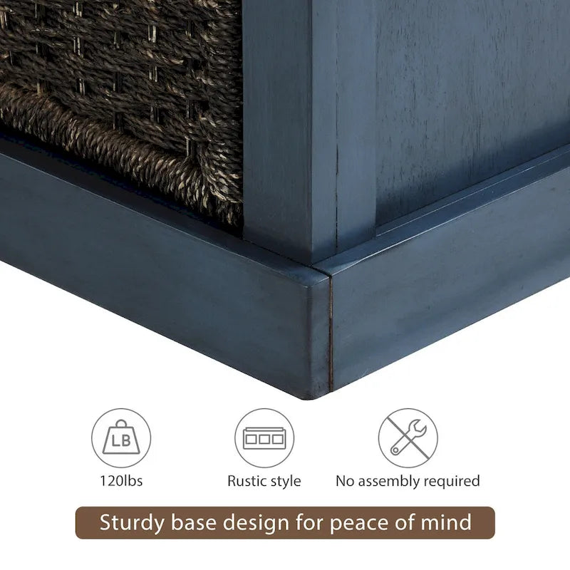 Banc de rangement rustique avec 3 paniers classiques en rotin amovibles, banc d'entrée avec coussin amovible