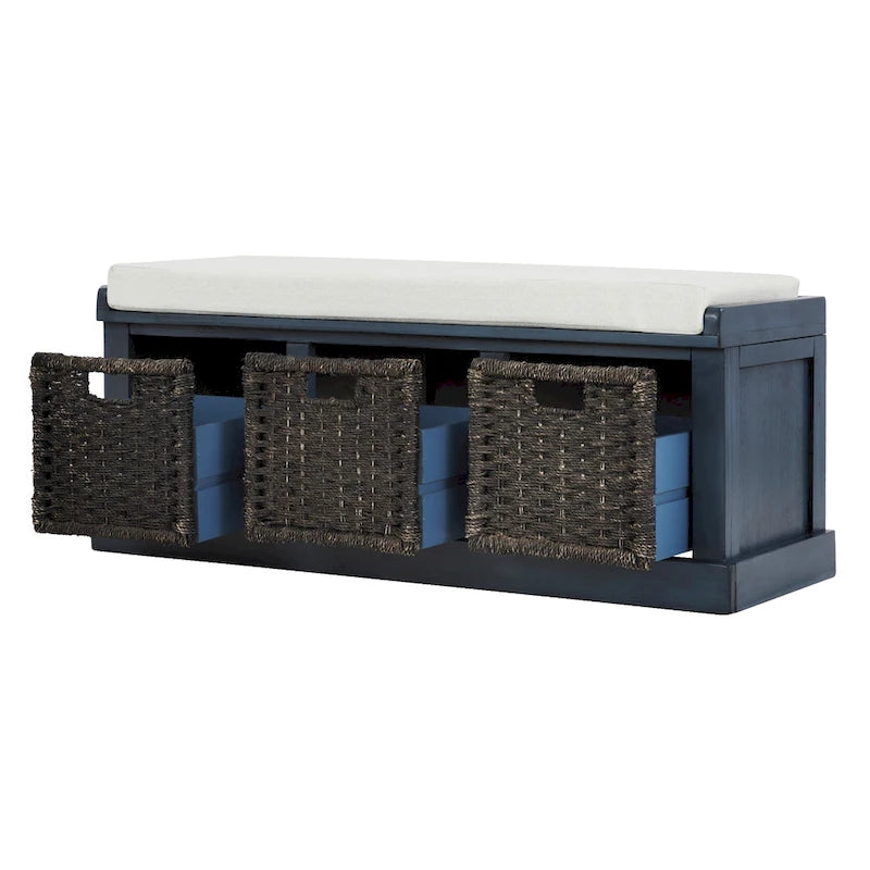Banc de rangement rustique avec 3 paniers classiques en rotin amovibles, banc d'entrée avec coussin amovible