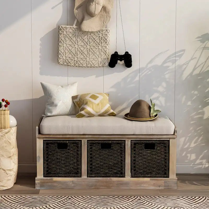 Banc de rangement rustique avec 3 paniers classiques en rotin amovibles, banc d'entrée avec coussin amovible