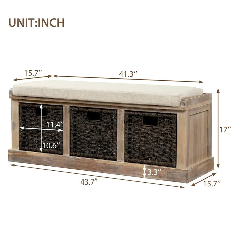 Banc de rangement rustique avec 3 paniers classiques en rotin amovibles, banc d'entrée avec coussin amovible