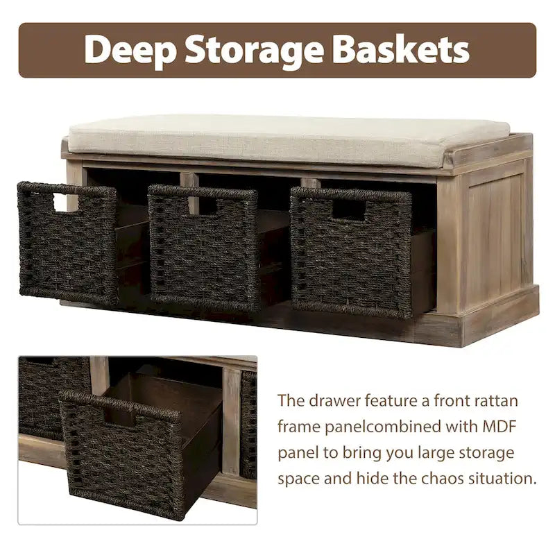 Banc de rangement rustique avec 3 paniers classiques en rotin amovibles, banc d'entrée avec coussin amovible