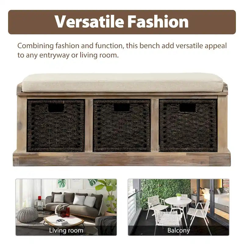 Banc de rangement rustique avec 3 paniers classiques en rotin amovibles, banc d'entrée avec coussin amovible