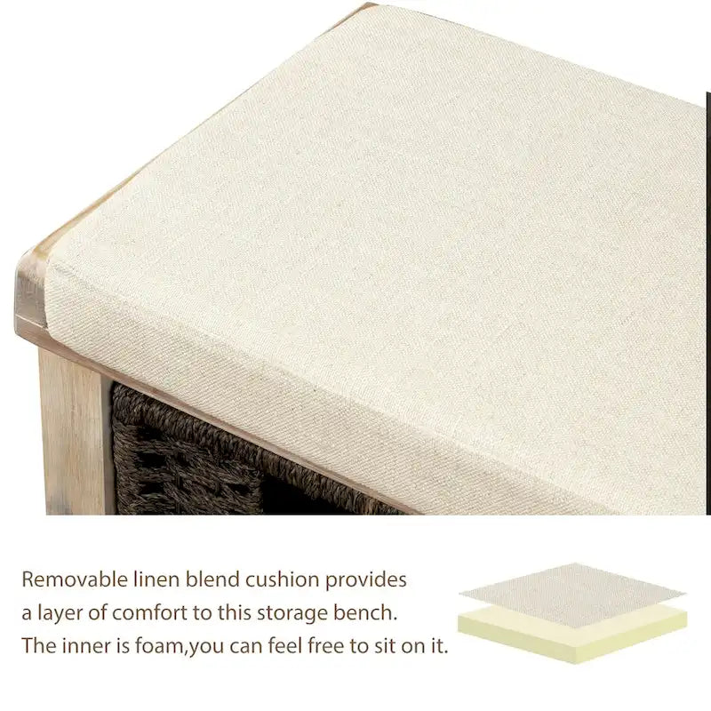 Banc de rangement rustique avec 3 paniers classiques en rotin amovibles, banc d'entrée avec coussin amovible