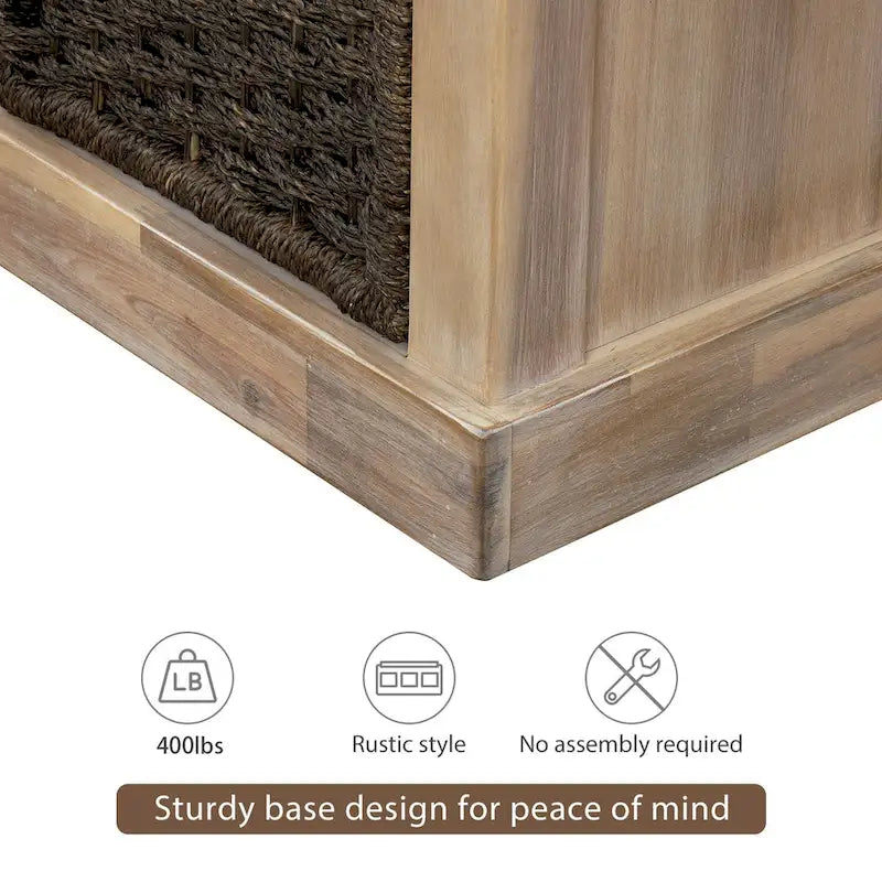 Banc de rangement rustique avec 3 paniers classiques en rotin amovibles, banc d'entrée avec coussin amovible