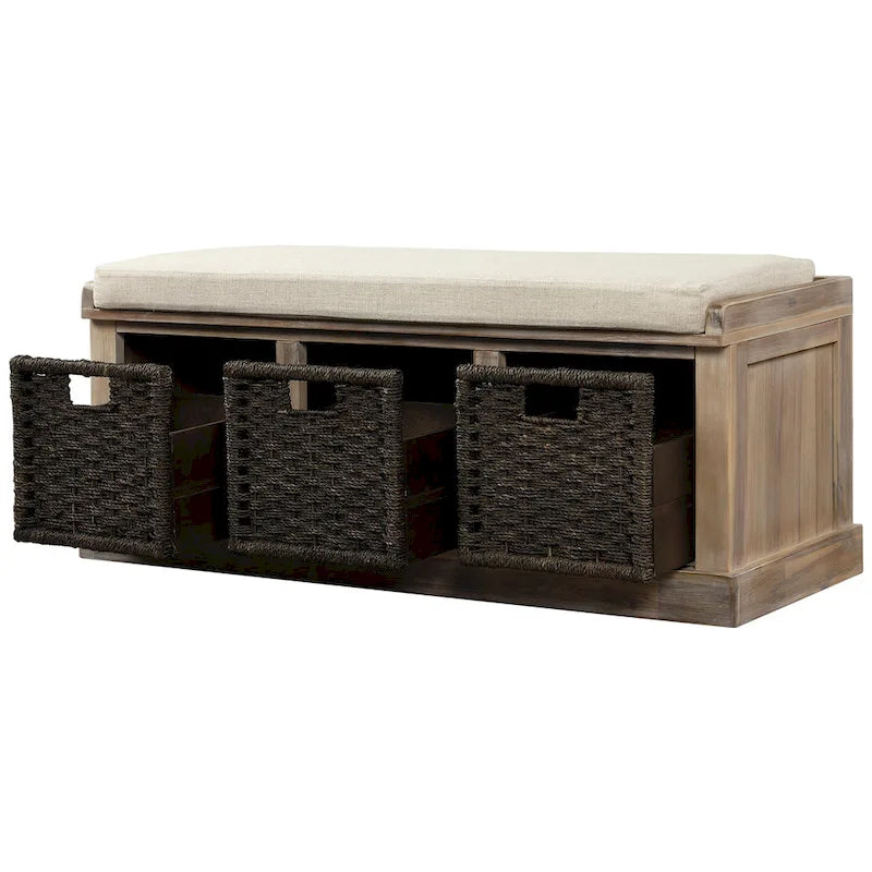 Banc de rangement rustique avec 3 paniers classiques en rotin amovibles, banc d'entrée avec coussin amovible