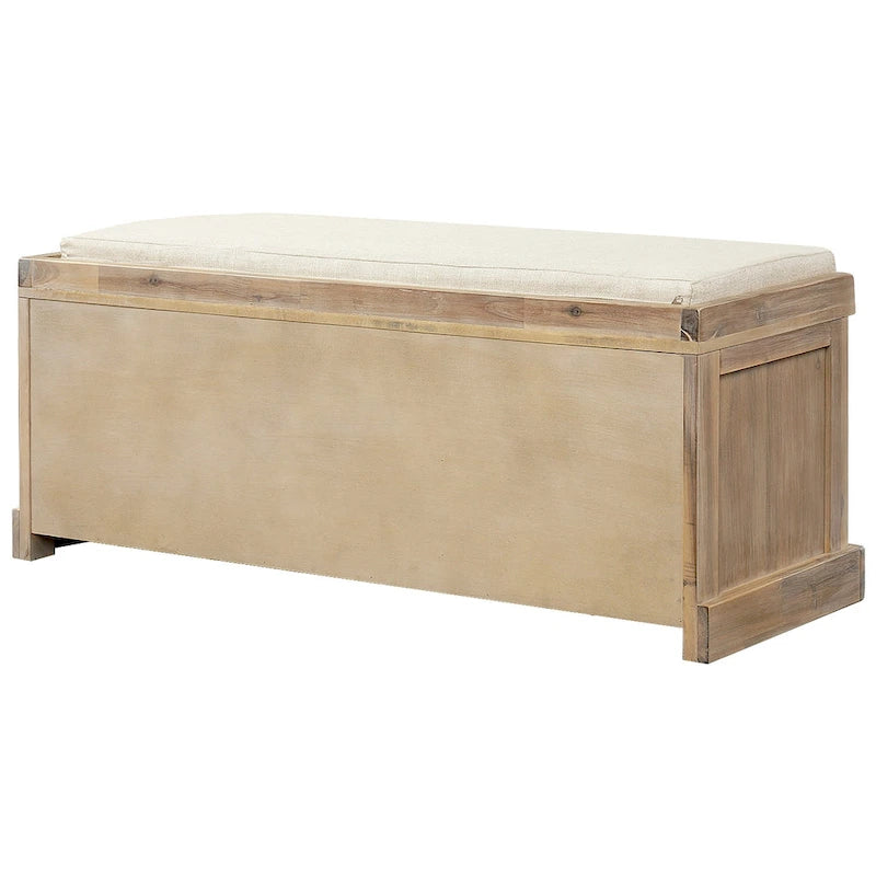 Banc de rangement rustique avec 3 paniers classiques en rotin amovibles, banc d'entrée avec coussin amovible