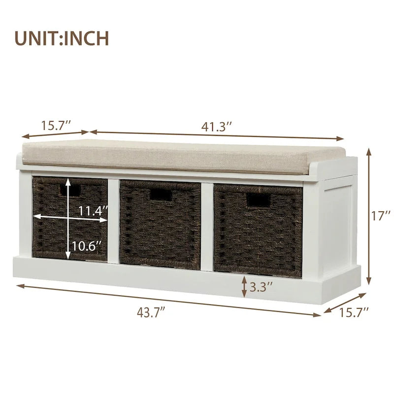 Banc de rangement rustique avec 3 paniers classiques en rotin amovibles, banc d'entrée avec coussin amovible