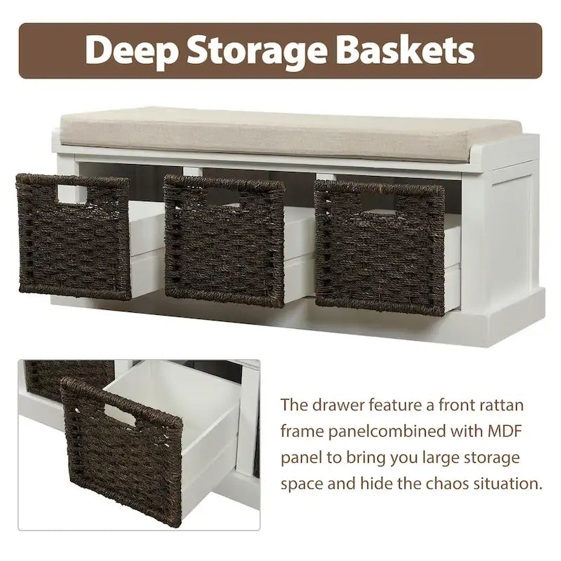 Banc de rangement rustique avec 3 paniers classiques en rotin amovibles, banc d'entrée avec coussin amovible