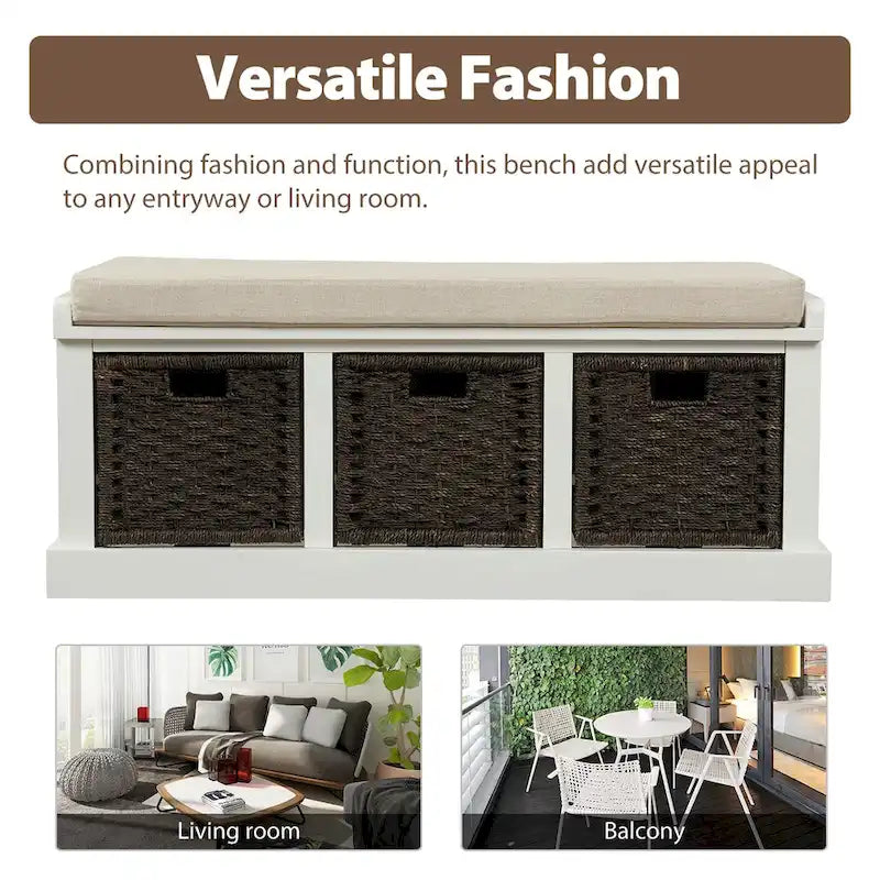 Banc de rangement rustique avec 3 paniers classiques en rotin amovibles, banc d'entrée avec coussin amovible