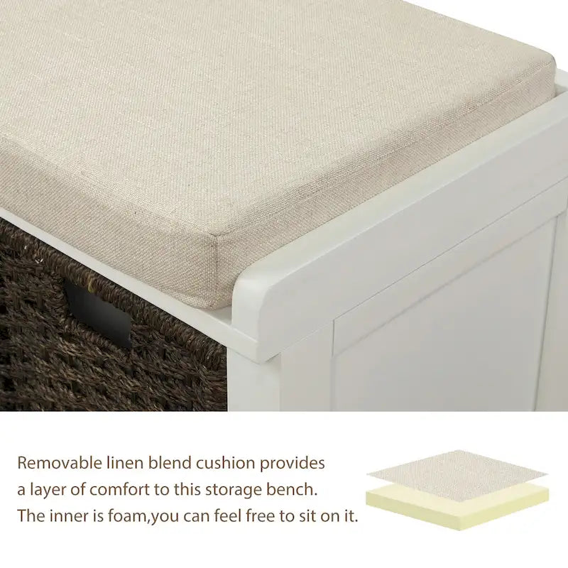 Banc de rangement rustique avec 3 paniers classiques en rotin amovibles, banc d'entrée avec coussin amovible