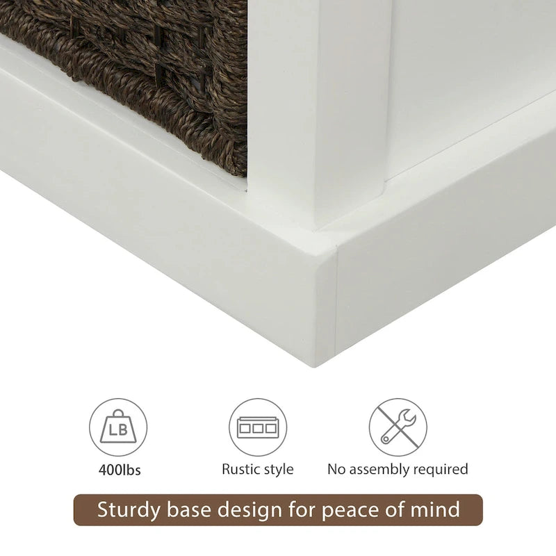 Banc de rangement rustique avec 3 paniers classiques en rotin amovibles, banc d'entrée avec coussin amovible