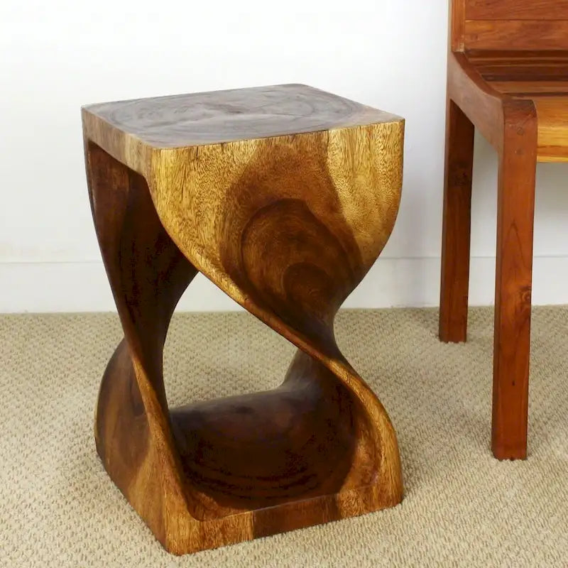 Tabouret Torsadé en Bois 12 x 12 x 18 po, Huile de Noyer