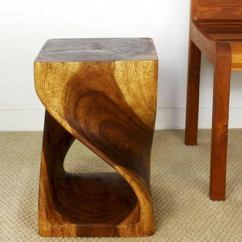 Tabouret Torsadé en Bois 12 x 12 x 18 po, Huile de Noyer