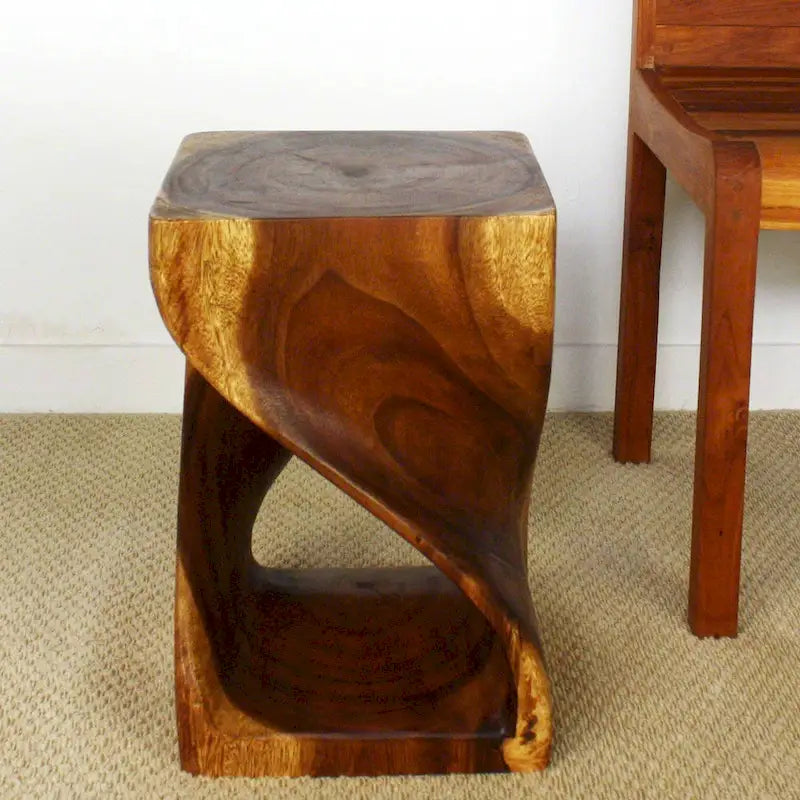 Tabouret Torsadé en Bois 12 x 12 x 18 po, Huile de Noyer