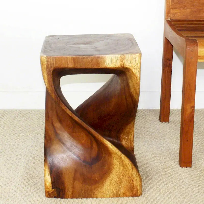 Tabouret Torsadé en Bois 12 x 12 x 18 po, Huile de Noyer