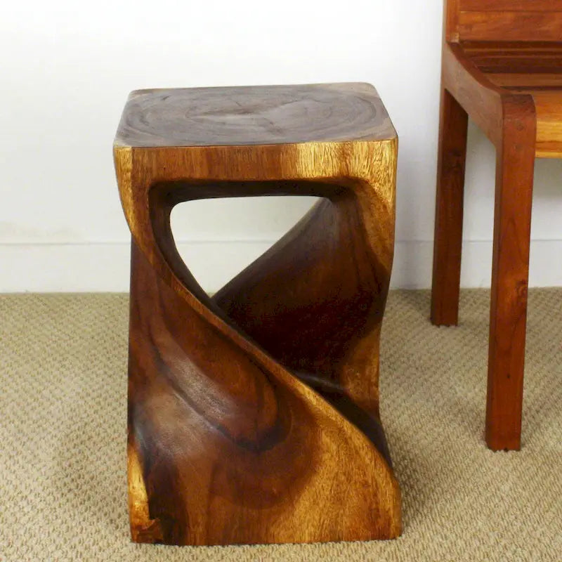 Tabouret Torsadé en Bois 12 x 12 x 18 po, Huile de Noyer
