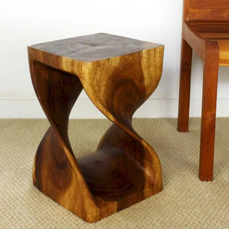 Tabouret Torsadé en Bois 12 x 12 x 18 po, Huile de Noyer