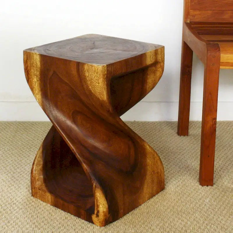 Tabouret Torsadé en Bois 12 x 12 x 18 po, Huile de Noyer