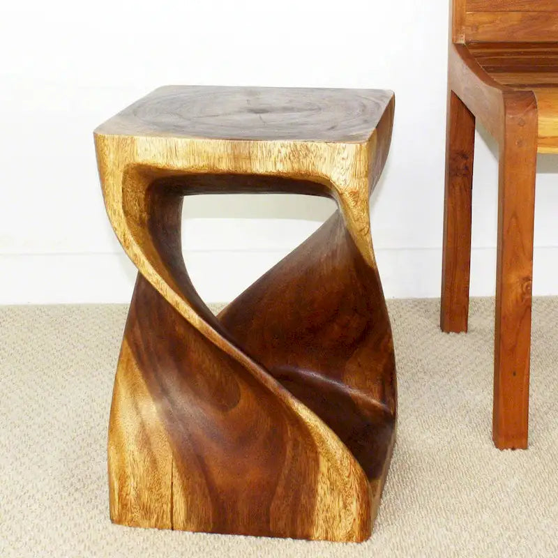 Tabouret Torsadé en Bois 12 x 12 x 18 po, Huile de Noyer