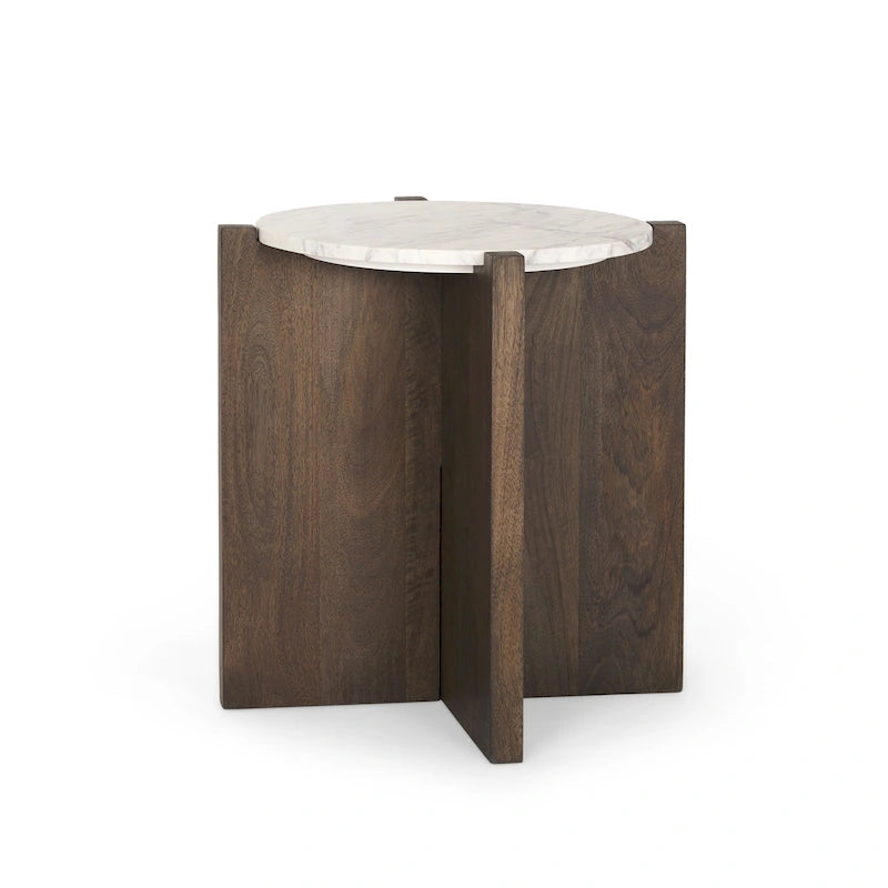 Table d'appoint ronde en bois brun foncé et marbre - 22,0L x 22,0l x 22,0H