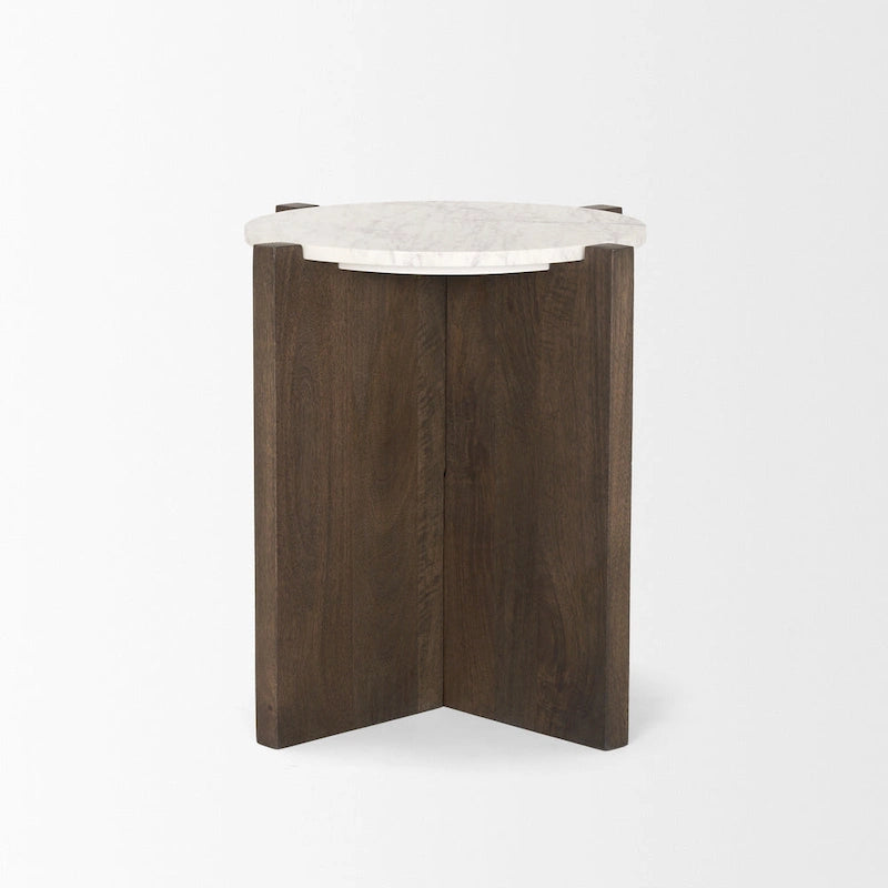 Table d'appoint ronde en bois brun foncé et marbre - 22,0L x 22,0l x 22,0H