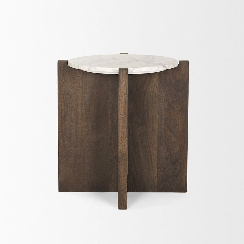 Table d'appoint ronde en bois brun foncé et marbre - 22,0L x 22,0l x 22,0H