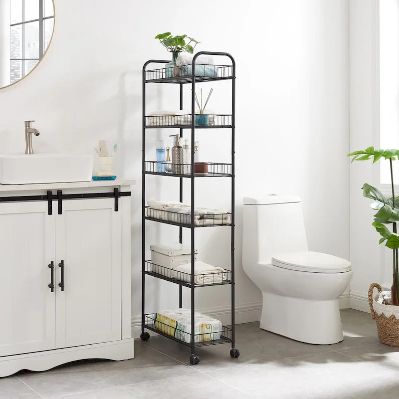 Chariot de rangement fin à roulettes à 6 niveaux, étagère mobile avec roues – 15,2 P x 57,9 L x 155 H cm