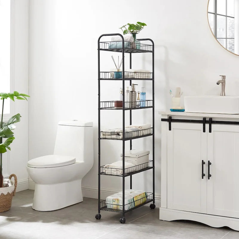 Chariot de rangement fin à roulettes à 6 niveaux, étagère mobile avec roues – 15,2 P x 57,9 L x 155 H cm
