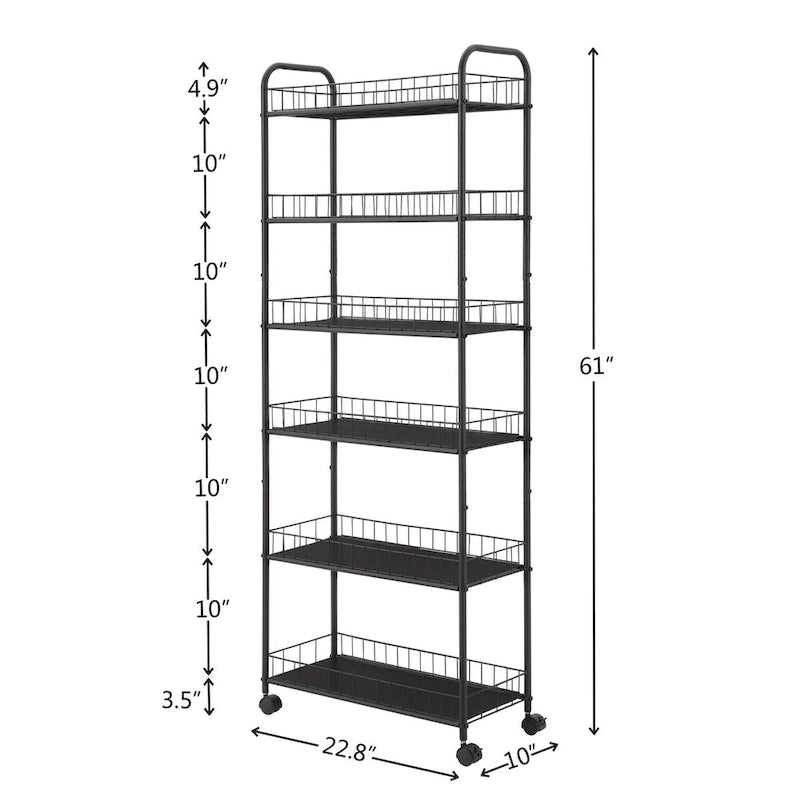 Chariot de rangement fin à roulettes à 6 niveaux, étagère mobile avec roues – 15,2 P x 57,9 L x 155 H cm