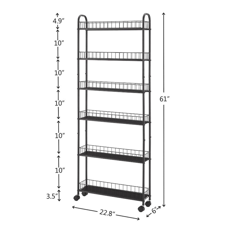 Chariot de rangement fin à roulettes à 6 niveaux, étagère mobile avec roues – 15,2 P x 57,9 L x 155 H cm