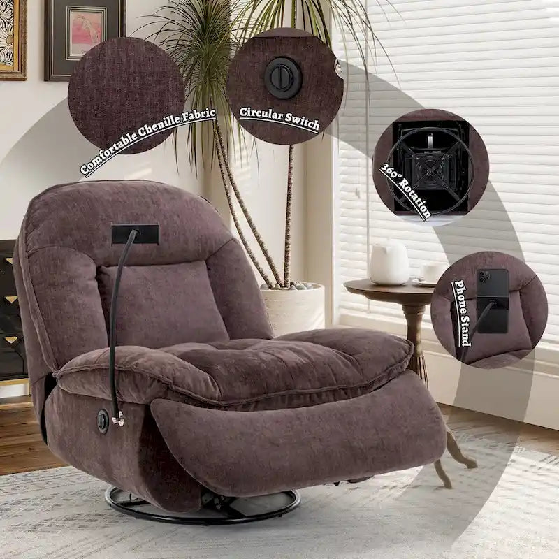Fauteuil inclinable pivotant en tissu bronzant avec support pour téléphone portable