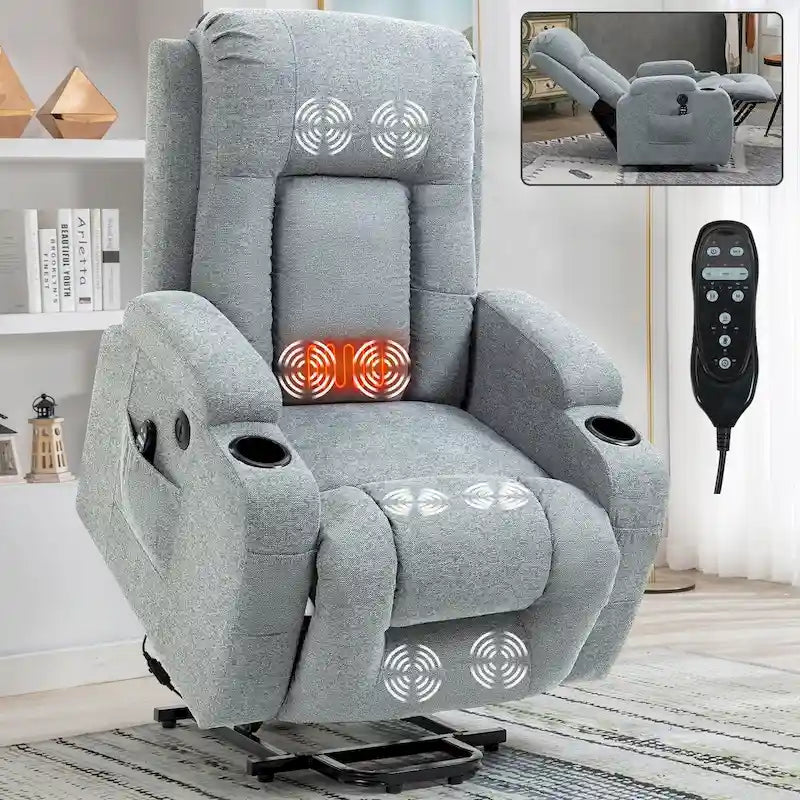 Fauteuil inclinable releveur avec massage 8 points et chauffage lombaire, porte-gobelets
