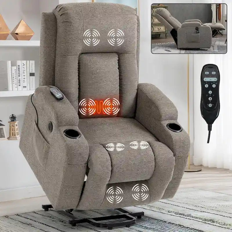 Fauteuil inclinable releveur avec massage 8 points et chauffage lombaire, porte-gobelets