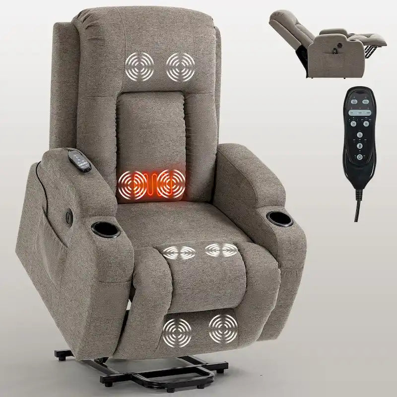 Fauteuil inclinable releveur avec massage 8 points et chauffage lombaire, porte-gobelets