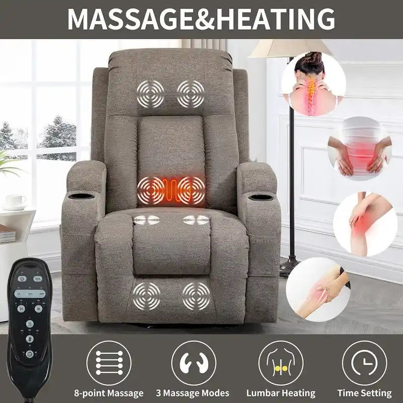 Fauteuil inclinable releveur avec massage 8 points et chauffage lombaire, porte-gobelets