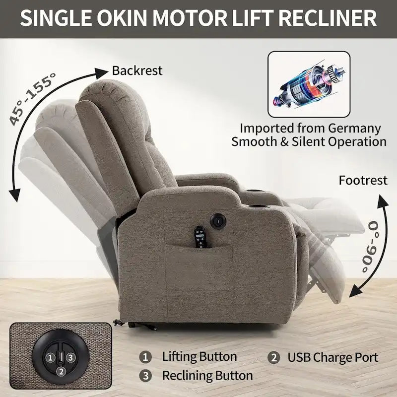 Fauteuil inclinable releveur avec massage 8 points et chauffage lombaire, porte-gobelets