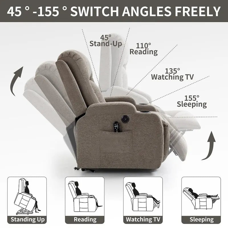 Fauteuil inclinable releveur avec massage 8 points et chauffage lombaire, porte-gobelets