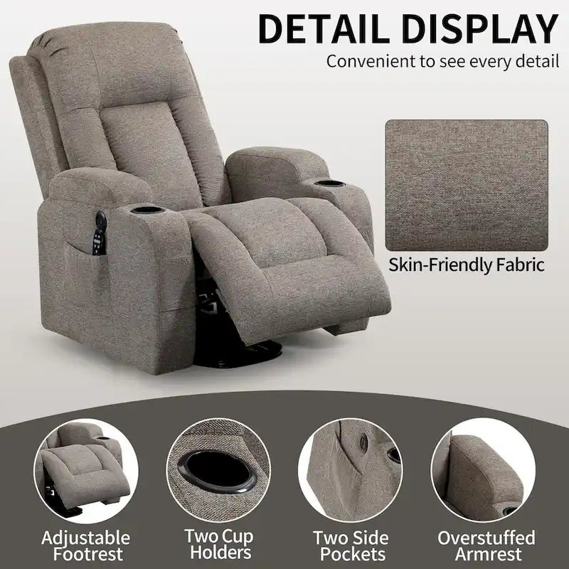 Fauteuil inclinable releveur avec massage 8 points et chauffage lombaire, porte-gobelets
