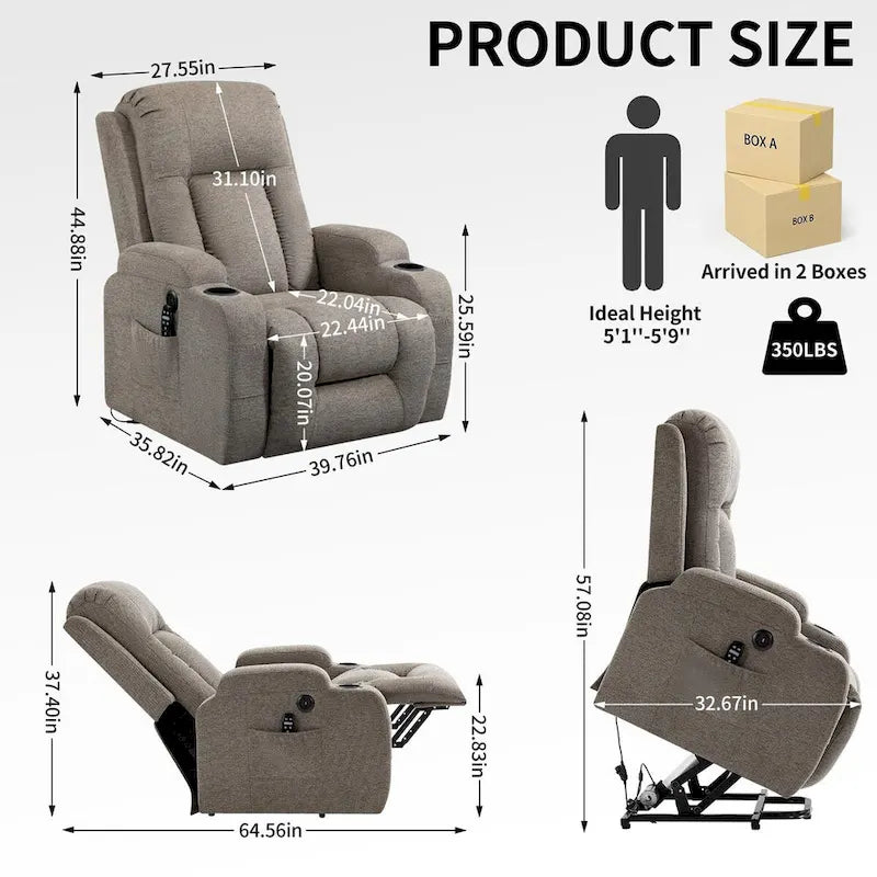 Fauteuil inclinable releveur avec massage 8 points et chauffage lombaire, porte-gobelets