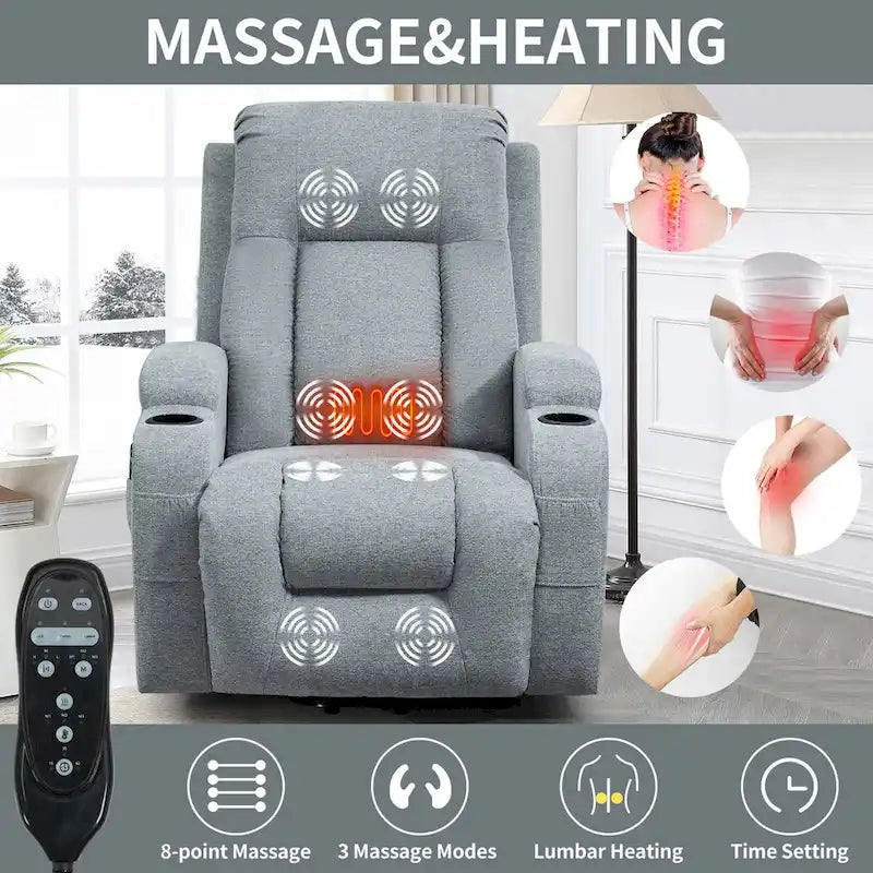 Fauteuil inclinable releveur avec massage 8 points et chauffage lombaire, porte-gobelets
