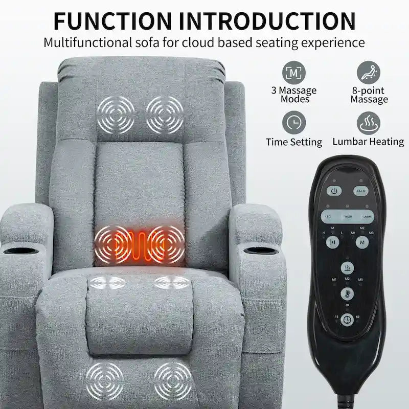 Fauteuil inclinable releveur avec massage 8 points et chauffage lombaire, porte-gobelets