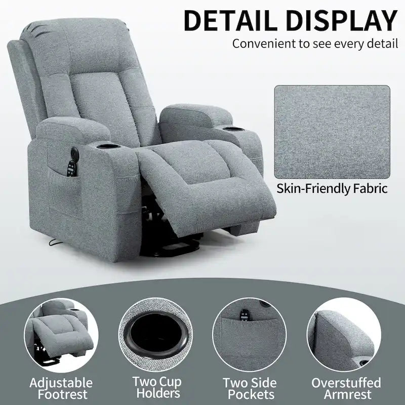 Fauteuil inclinable releveur avec massage 8 points et chauffage lombaire, porte-gobelets