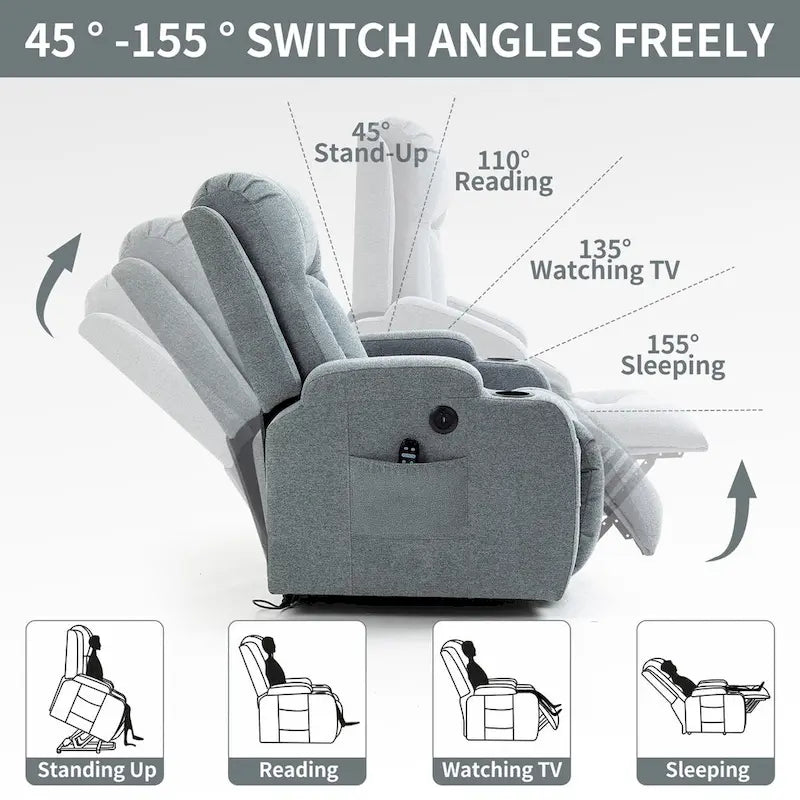 Fauteuil inclinable releveur avec massage 8 points et chauffage lombaire, porte-gobelets
