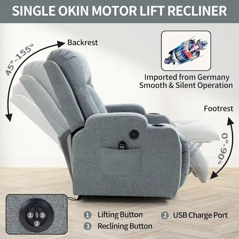 Fauteuil inclinable releveur avec massage 8 points et chauffage lombaire, porte-gobelets