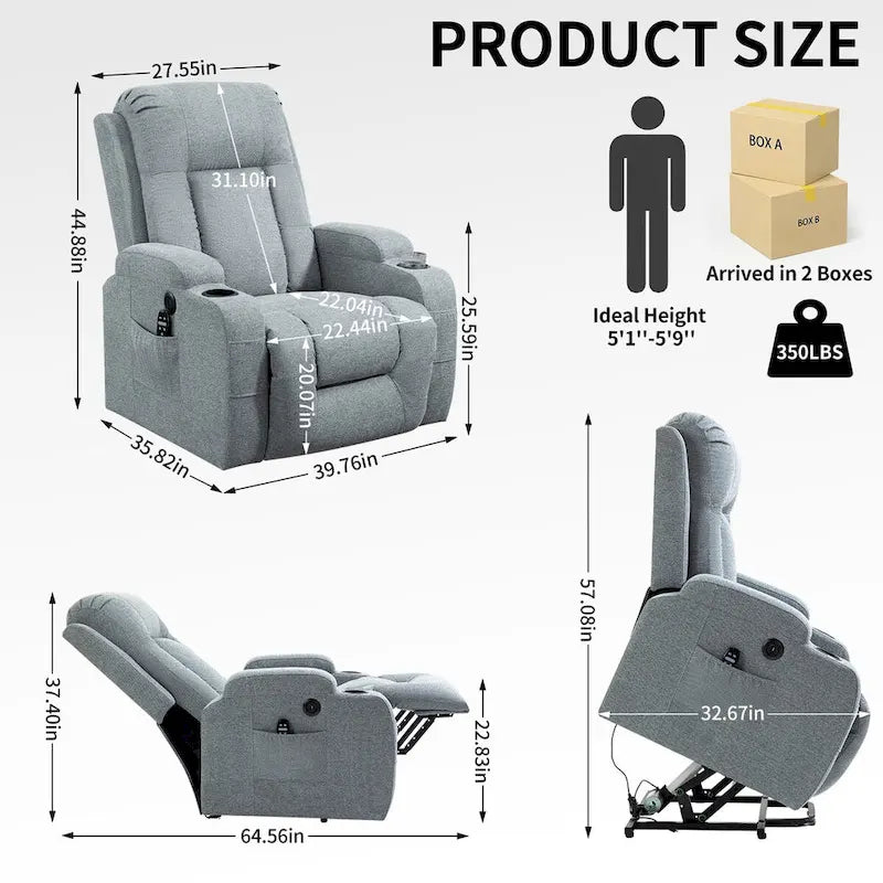 Fauteuil inclinable releveur avec massage 8 points et chauffage lombaire, porte-gobelets